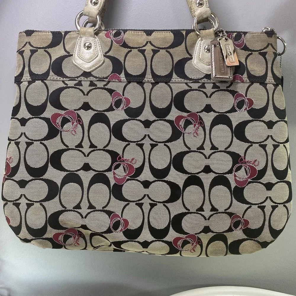 Coach Poppy Signature One Women Shoulder Bag Tan/Black/Pink 13x17x4" Need Clean - Picture 4 of 16